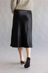 Aaron & Amber A-Line Satin Midi Skirt for Women in Black