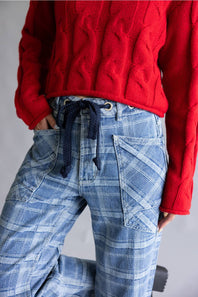 Aaron & Amber Drawstring Plaid Barrel Jeans for Women in Denim