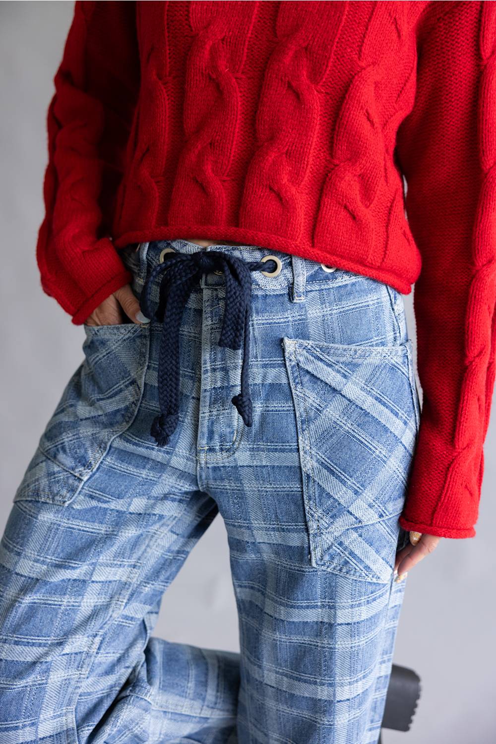Aaron & Amber Drawstring Plaid Barrel Jeans for Women in Denim