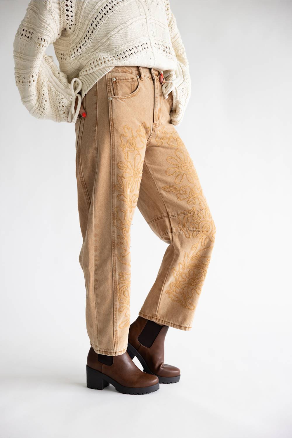 Aaron & Amber Embroidered Barrel Pants for Women in Rust