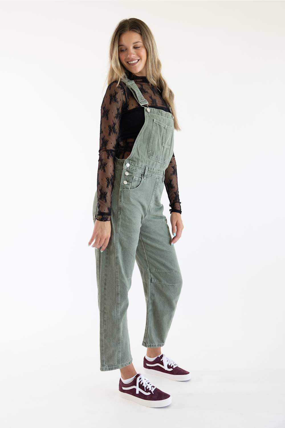 Aaron & Amber Slouchy Denim Overalls for Women in Olive | MAP2994-OLIVE