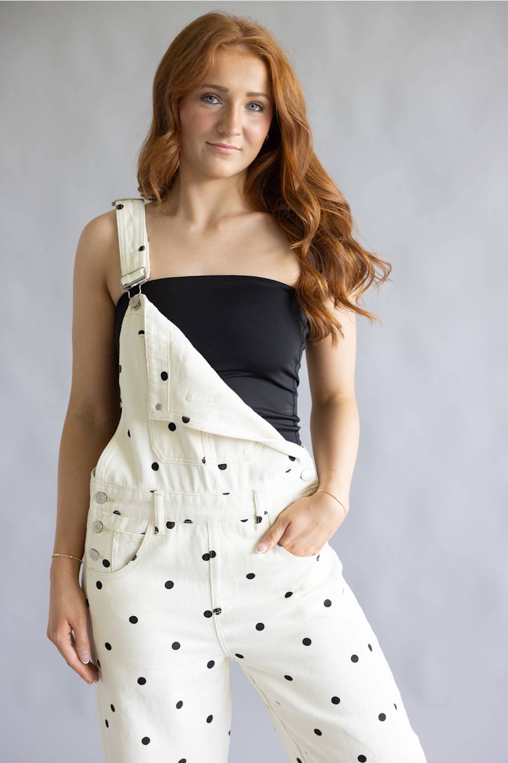Aaron & Amber Slouchy Denim Overalls for Women in Polka Dot