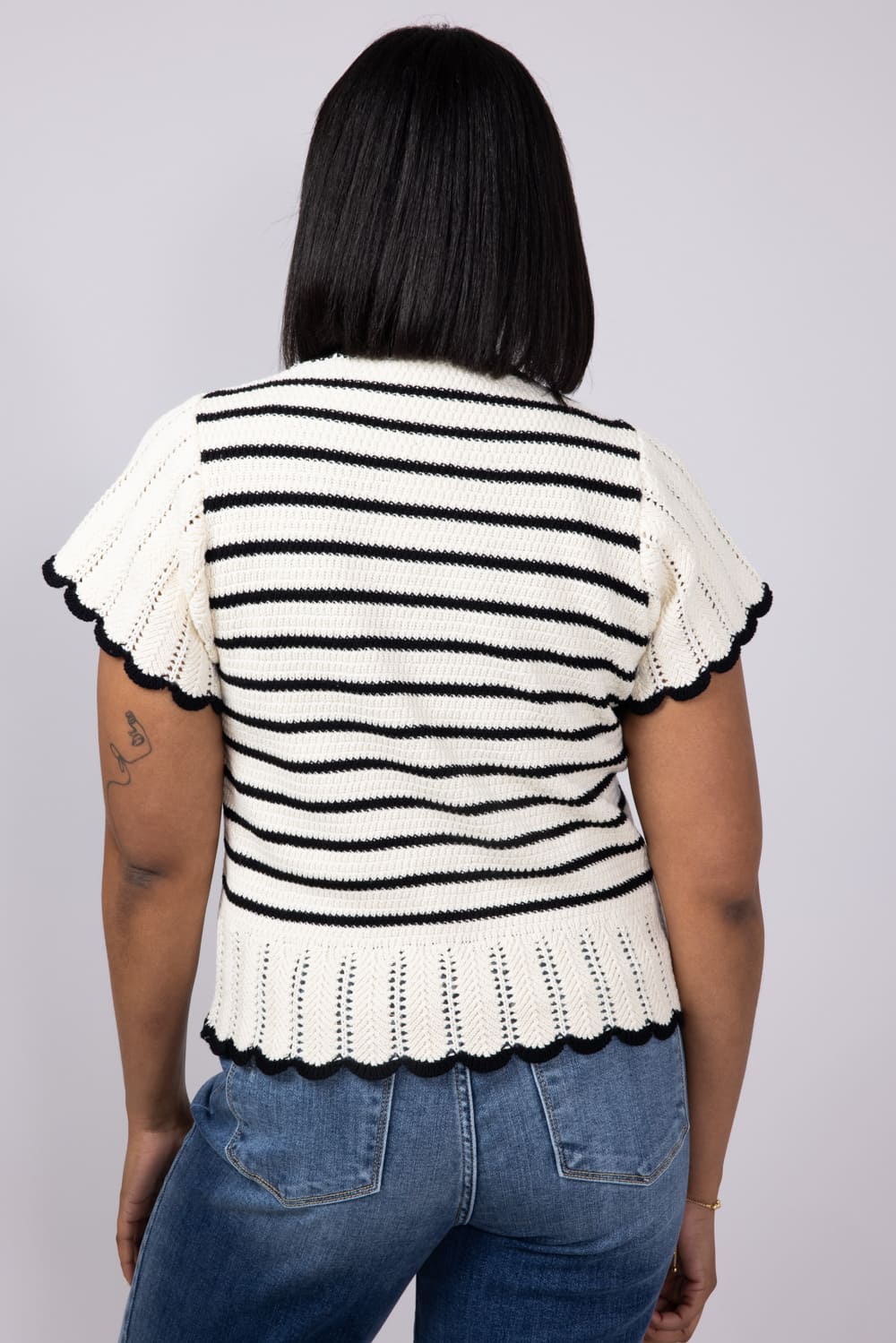 売れ筋商品|||デモクラシー カットソー トップス レディース Women's Striped Crochet Flutter-Sleeve Sweater Off White- Crochet Striped Flutter Sleeve Sweater for Women in Natural