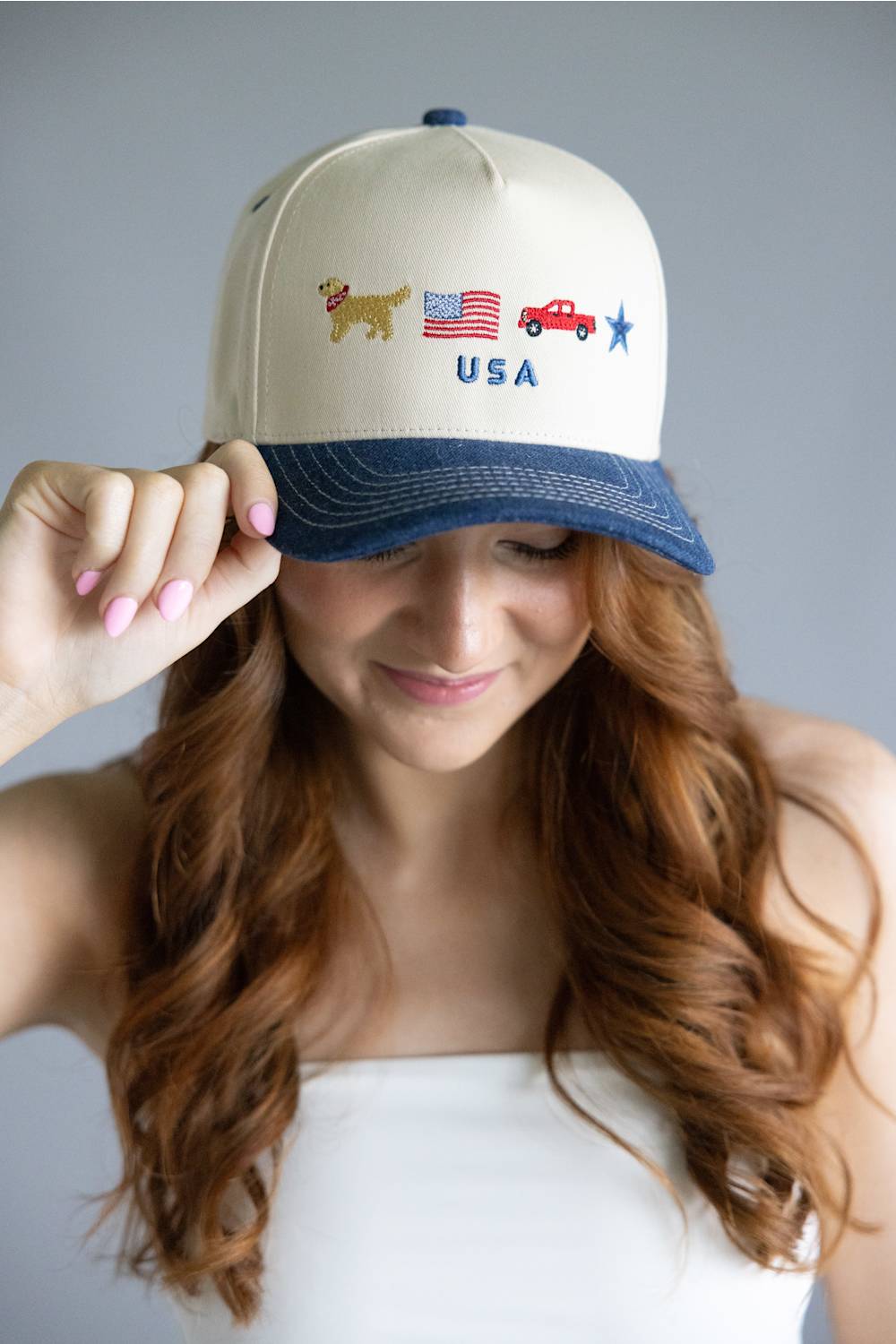 All American Icons Trucker Hat for Women in Tan/Dark Denim
