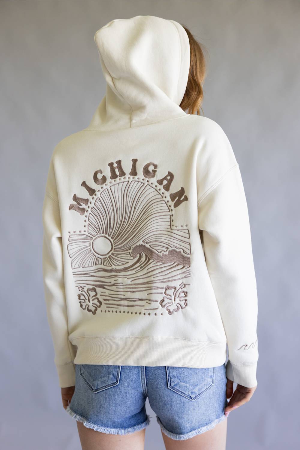 Michigan Wave Embroidered Hoodie for Women in Coconut | B13619-MI-EMBHOOD-COCONUT