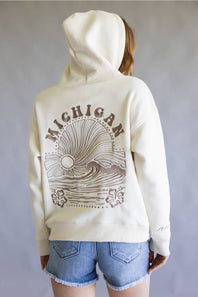 Michigan Wave Embroidered Hoodie for Women in Coconut | B13619-MI-EMBHOOD-COCONUT