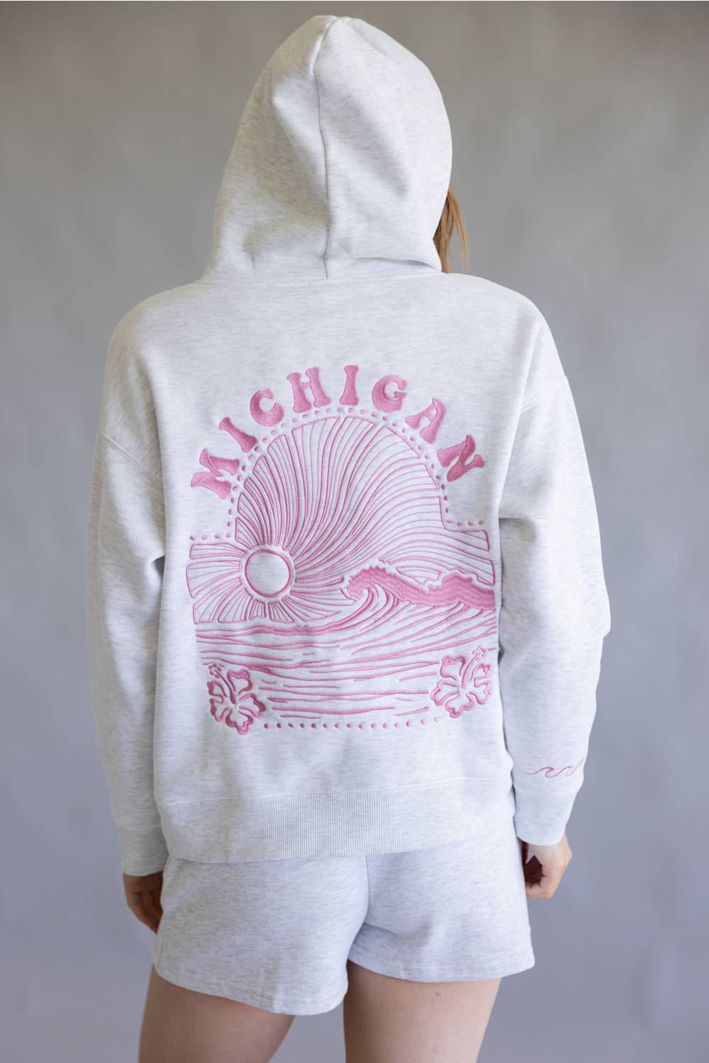 Ocean Drive Michigan Wave Embroidered Hoodie for Women in Grey