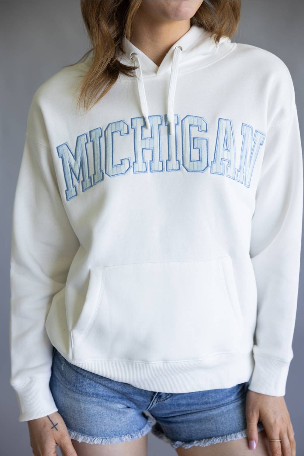 Striped Michigan Embroidered Hoodie for Women in White