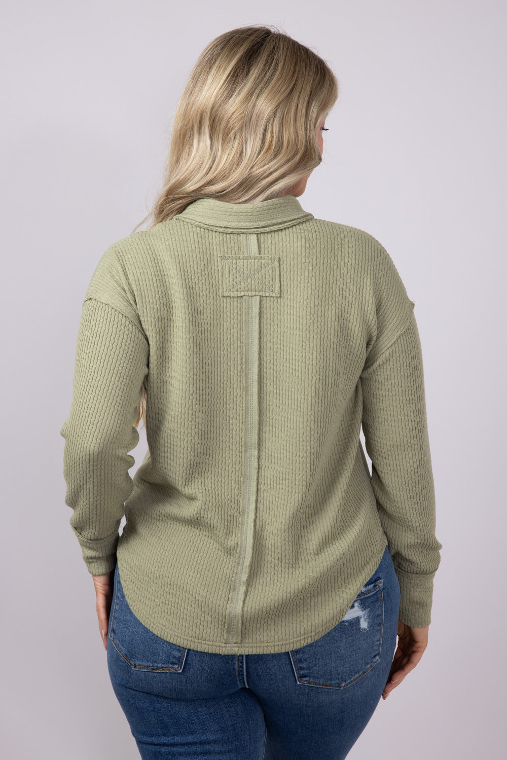 Blu Pepper Ribbed Knit Johnny Collar Polo Shirt for Women in Light Olive