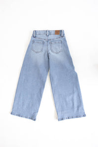 Light blue denim cropped pants shown from the back, featuring a straight-leg fit, back pockets, and a small brown leather brand patch at the waistband, laid flat on a white background.