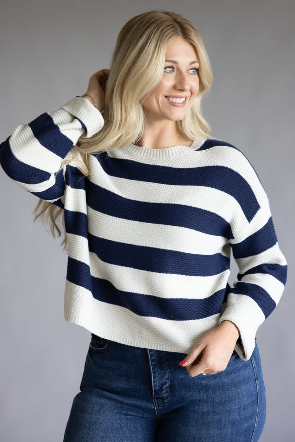 Drop Shoulder Striped Sweater for Women in Navy
