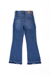 Back view of Celebrity Pink Girls Braided Waistband Flare Jeans in Nancy medium wash featuring flared hems and rear pockets