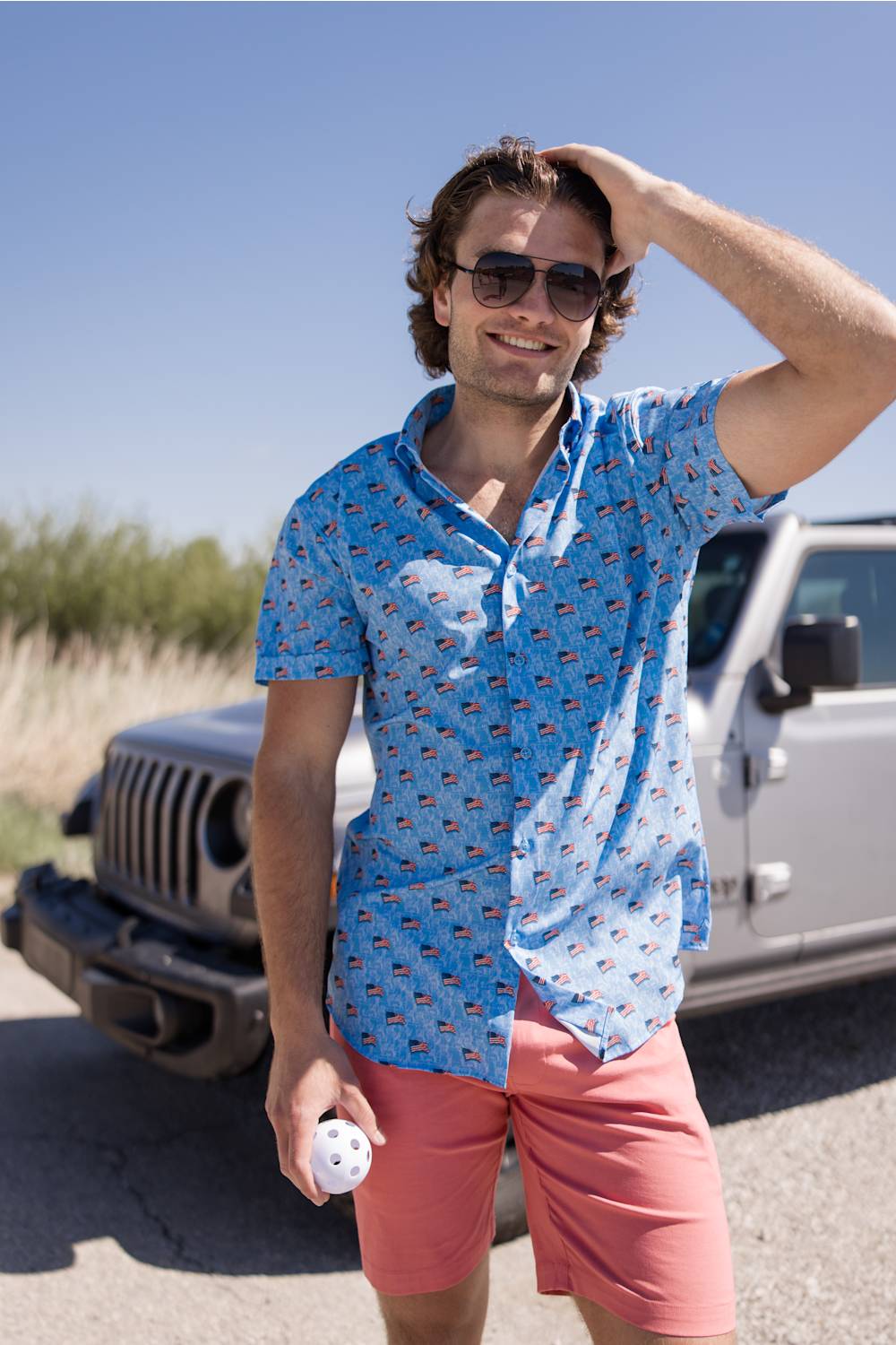  USA Flag Pattern Button Down Shirt for Men in Blue. 