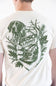 A man wearing a cream-colored t-shirt, viewed from the back. The shirt features a large green graphic print of a hunting dog, pine branches, and a hand holding a can of Busch Light beer.