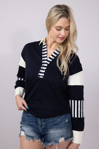 Blu Pepper Color Block Knit Top for Women in Navy