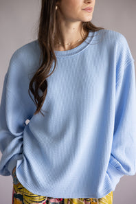 Blu Pepper Crewneck Ribbed Knit Shirt for Women in Light Blue
