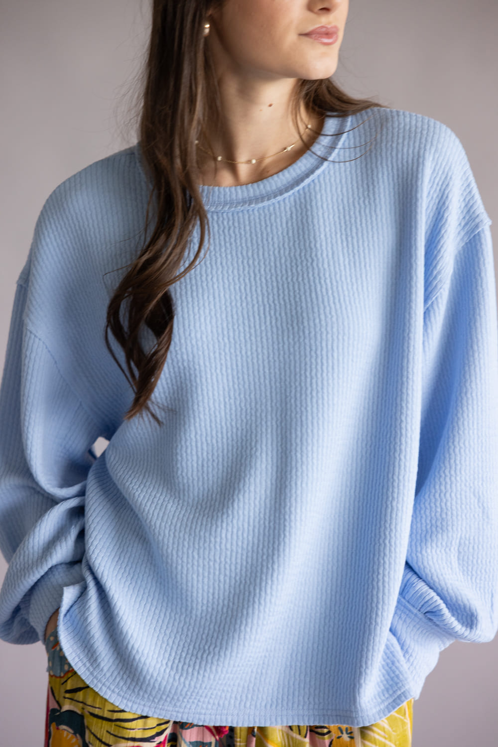Blu Pepper Crewneck Ribbed Knit Shirt for Women in Light Blue