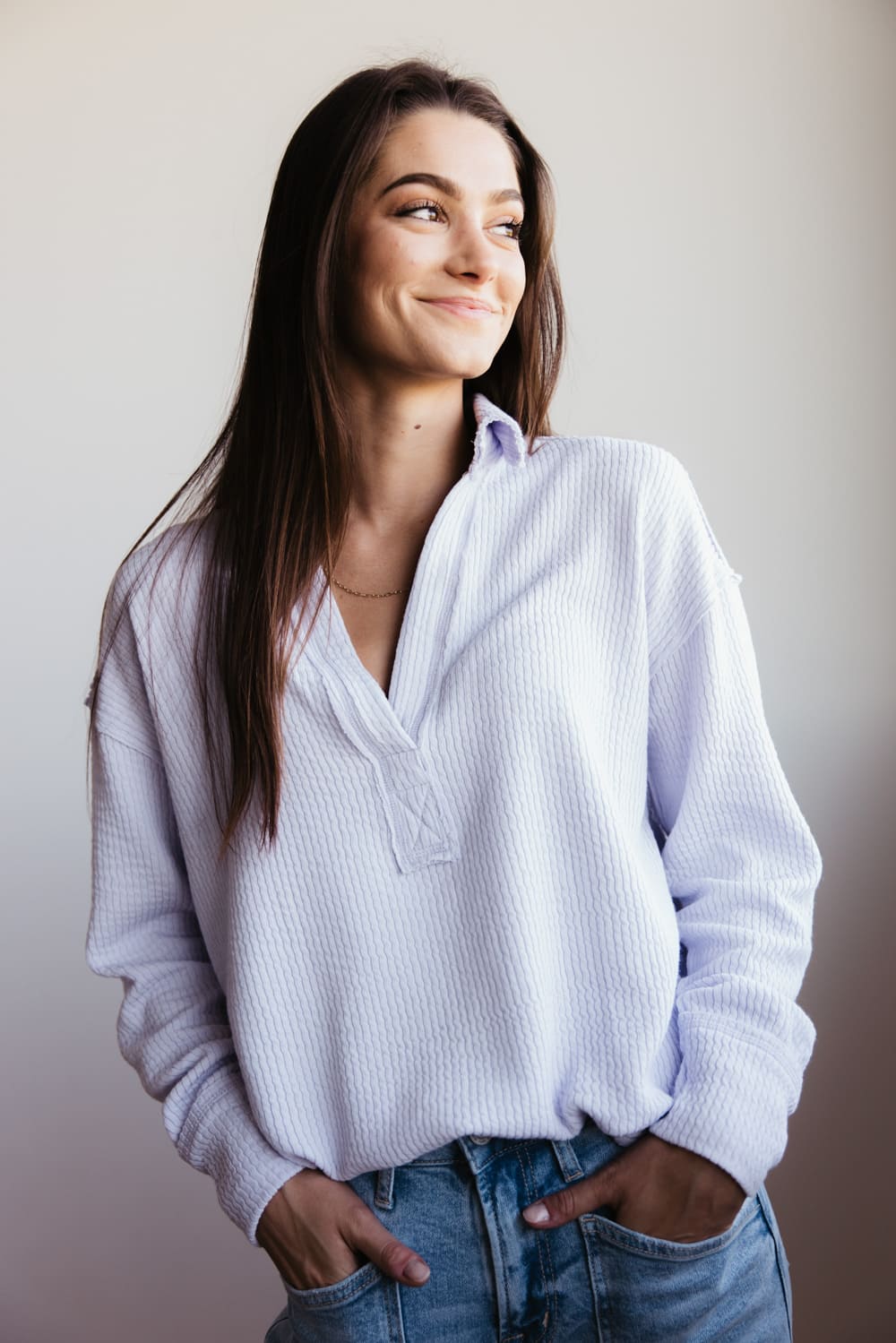 Blu Pepper Ribbed Knit Johnny Collar Polo Shirt for Women in Lavender