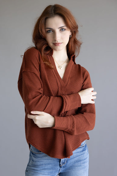 Blu Pepper Ribbed Knit Johnny Collar Polo Shirt for Women in Rust