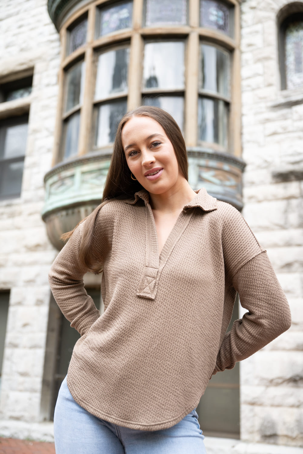 Blu Pepper Ribbed Knit Johnny Collar Polo Shirt for Women in Taupe