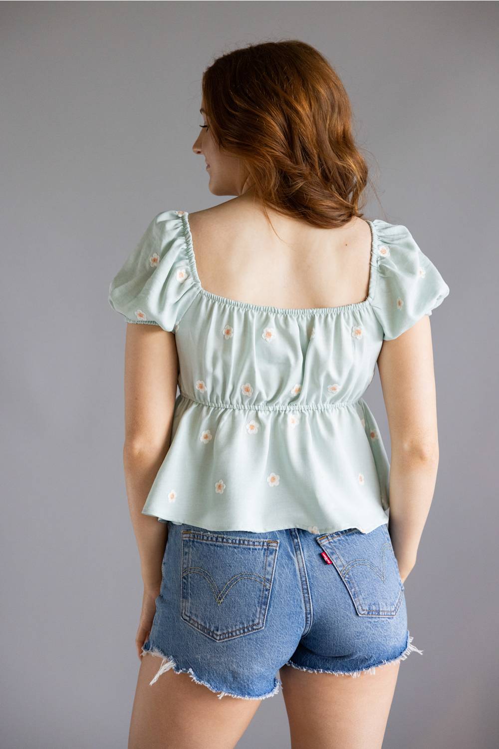 Blu Pepper Woven Floral Puff Sleeve Top for Women in Mint