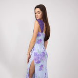 Mesh Floral Print Lace Detail Maxi Dress for Women in Light Blue