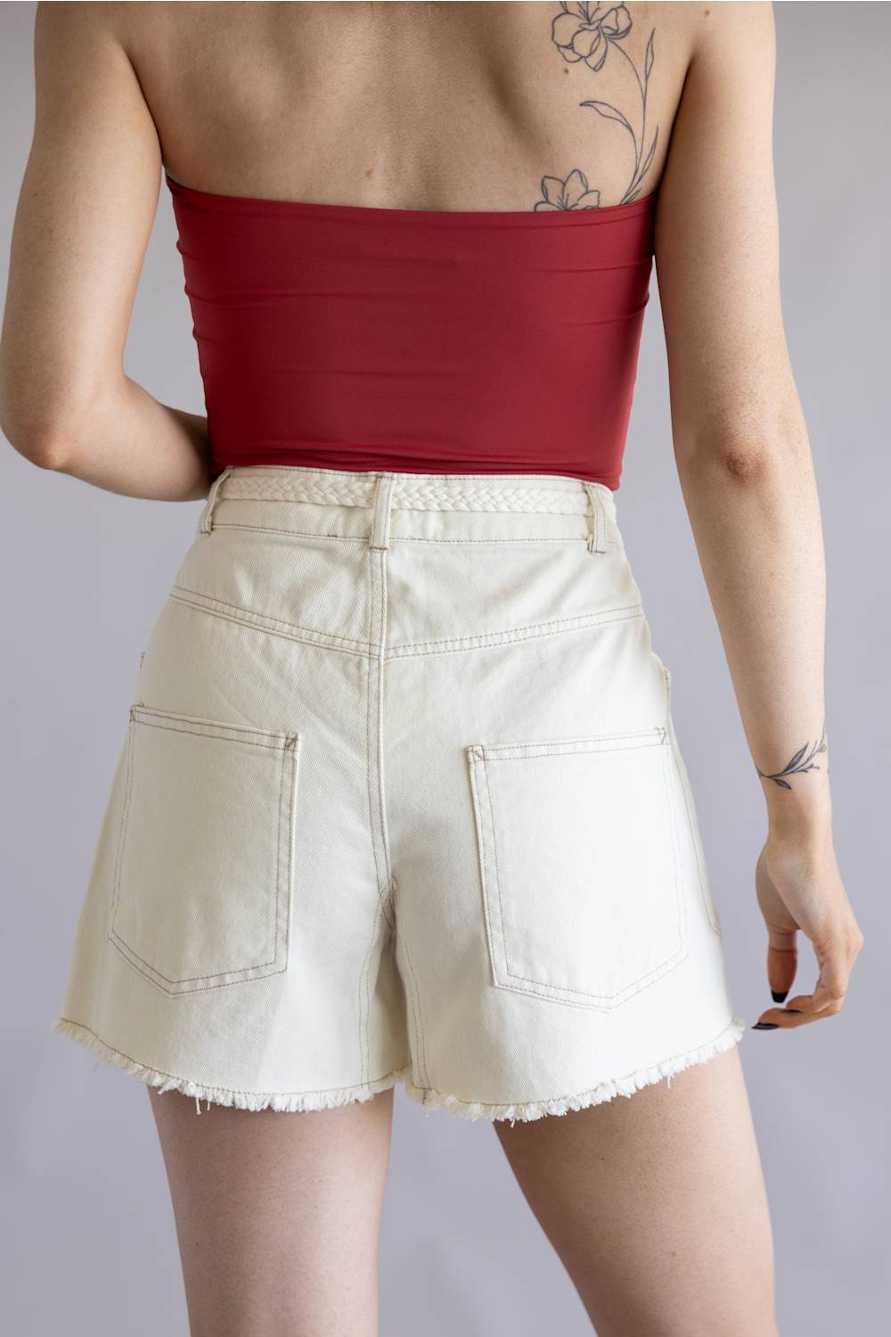 Braided Tie Waist Denim Shorts for Women in Ecru