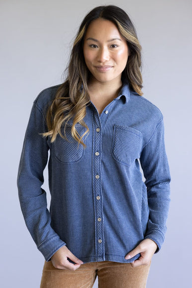 C&C California Mineral Wash Thermal Button Front Shirt for Women in Vintage Indigo
