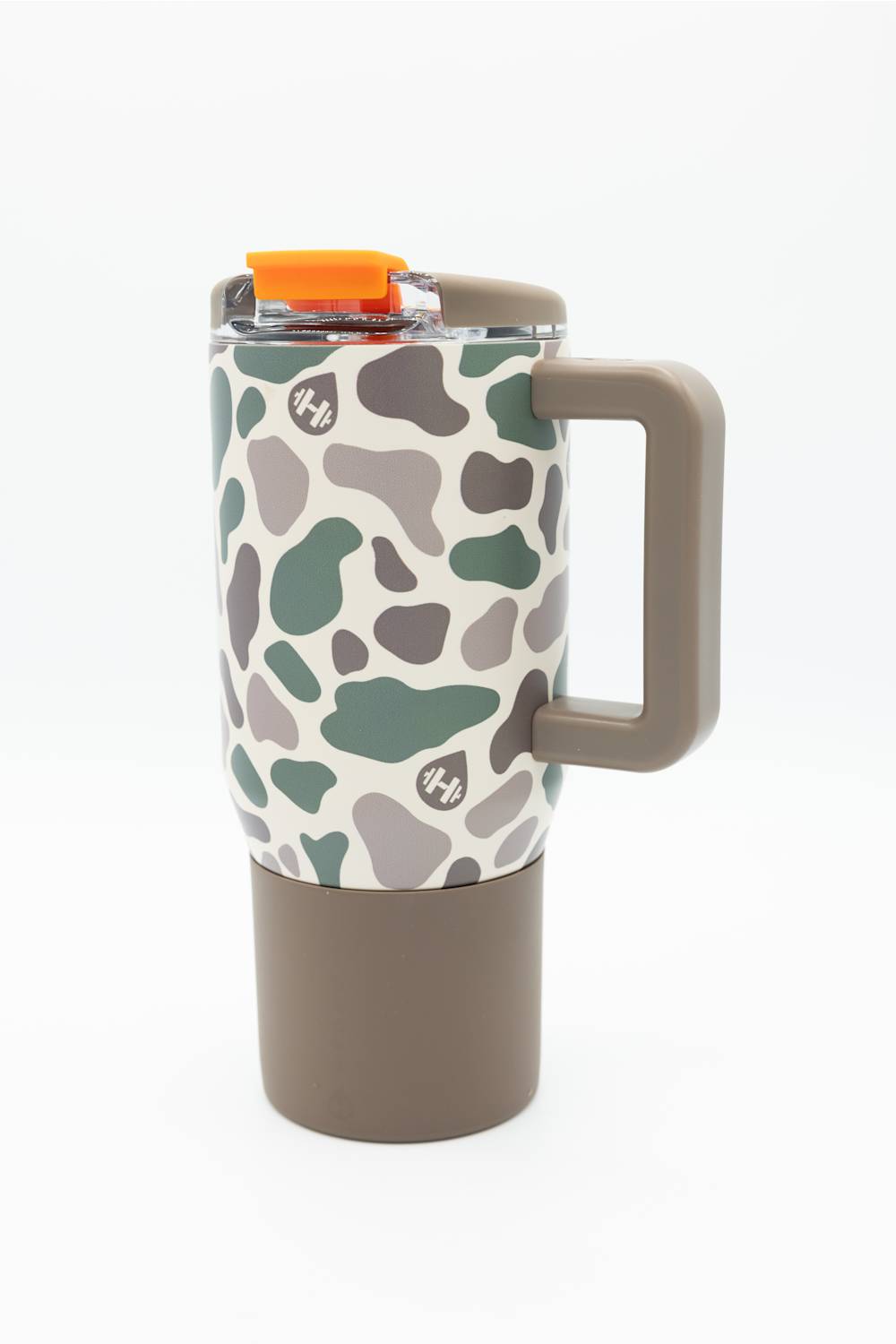 A travel tumbler with a brown base, a handle, and a lid with an orange flip-up straw cover. The body features a green, gray, and brown organic spot pattern on a white background, with small white '4+4' logos.