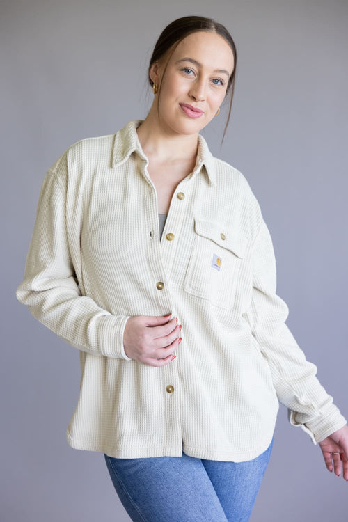 women's carhartt sweater dress Carhartt Oversized Heavyweight Waffle Knit Shirt for Women in Oat Milk |  107134-A16