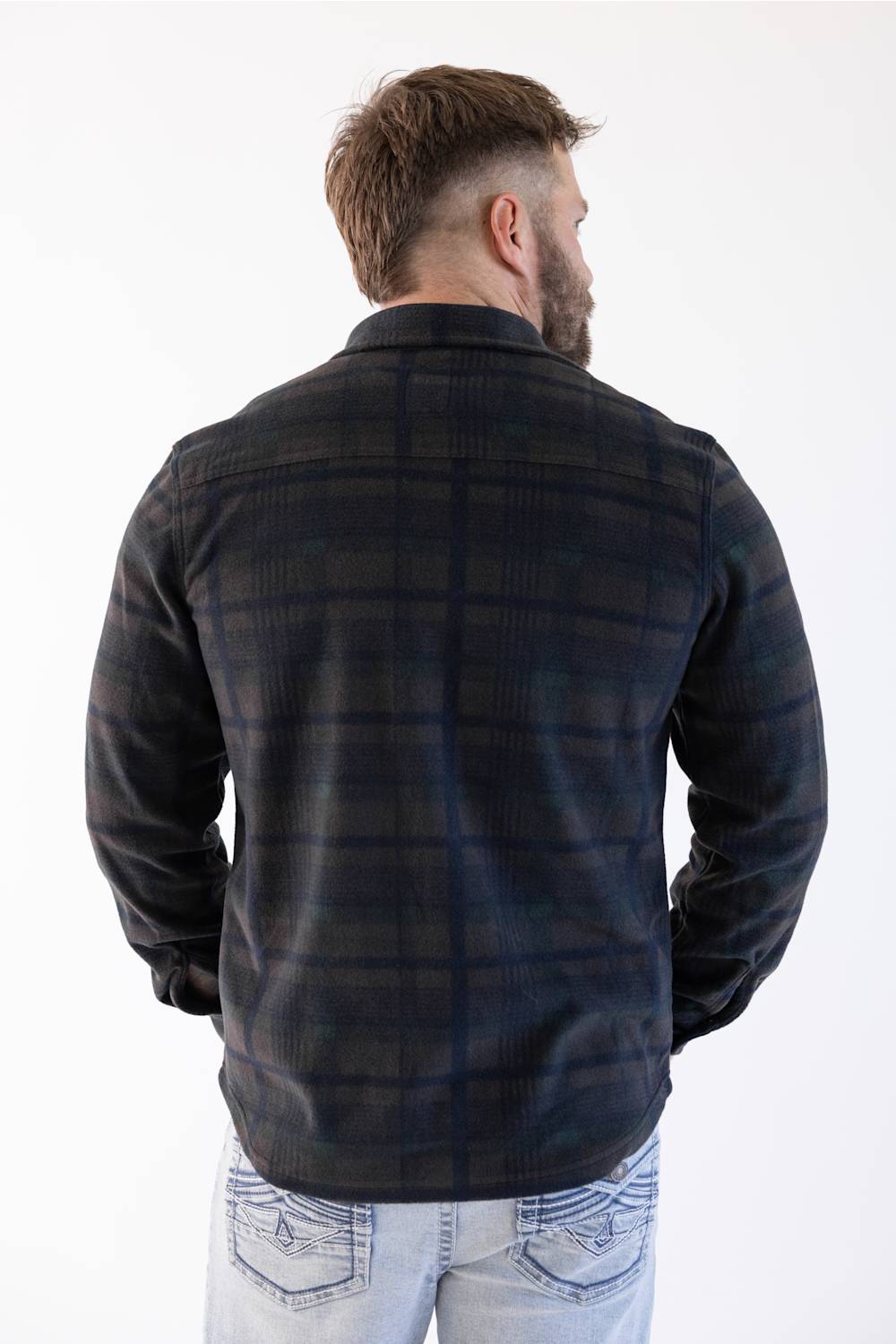 back view of a plaid shacket 