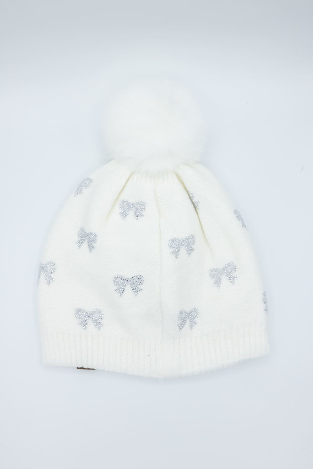 C.C. Bow Rhinestone Pom Beanie for Women in White
