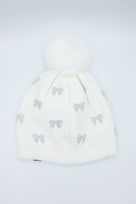 C.C. Bow Rhinestone Pom Beanie for Women in White