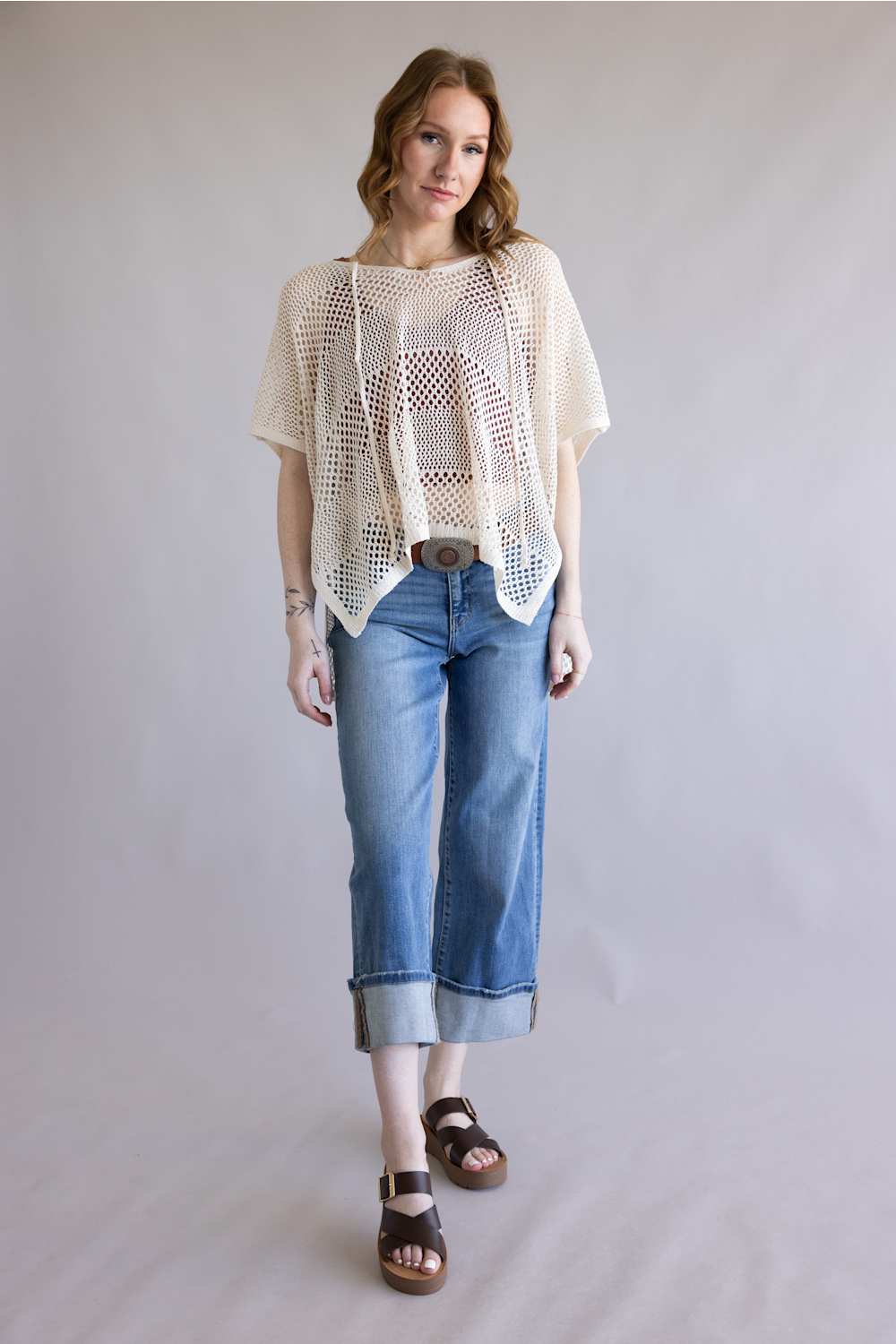 Crochet Tie Poncho for Women in Beige