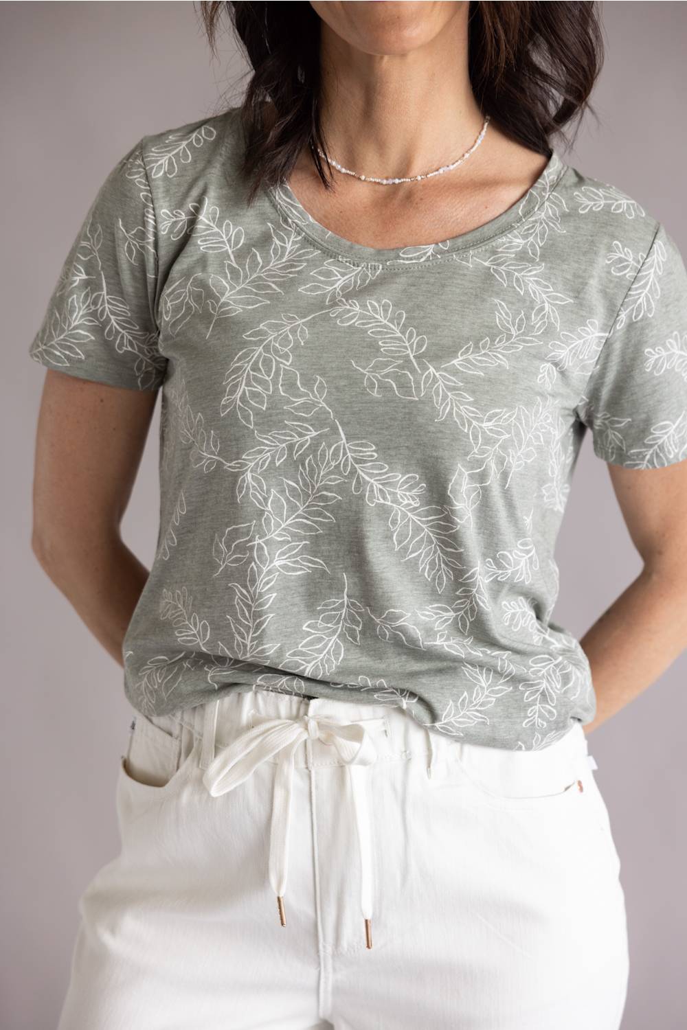 C&C California Karlie Printed Tee for Women in Vetiver Viney Leaves