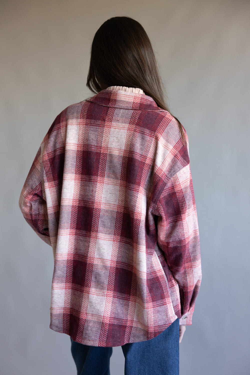 C&C California Kat Oversized Plaid Knit Shirt for Women in Red Plaid