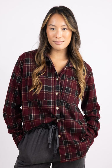 C&C California Marina Jacquard Plaid Button Up Shirt for Women in Red