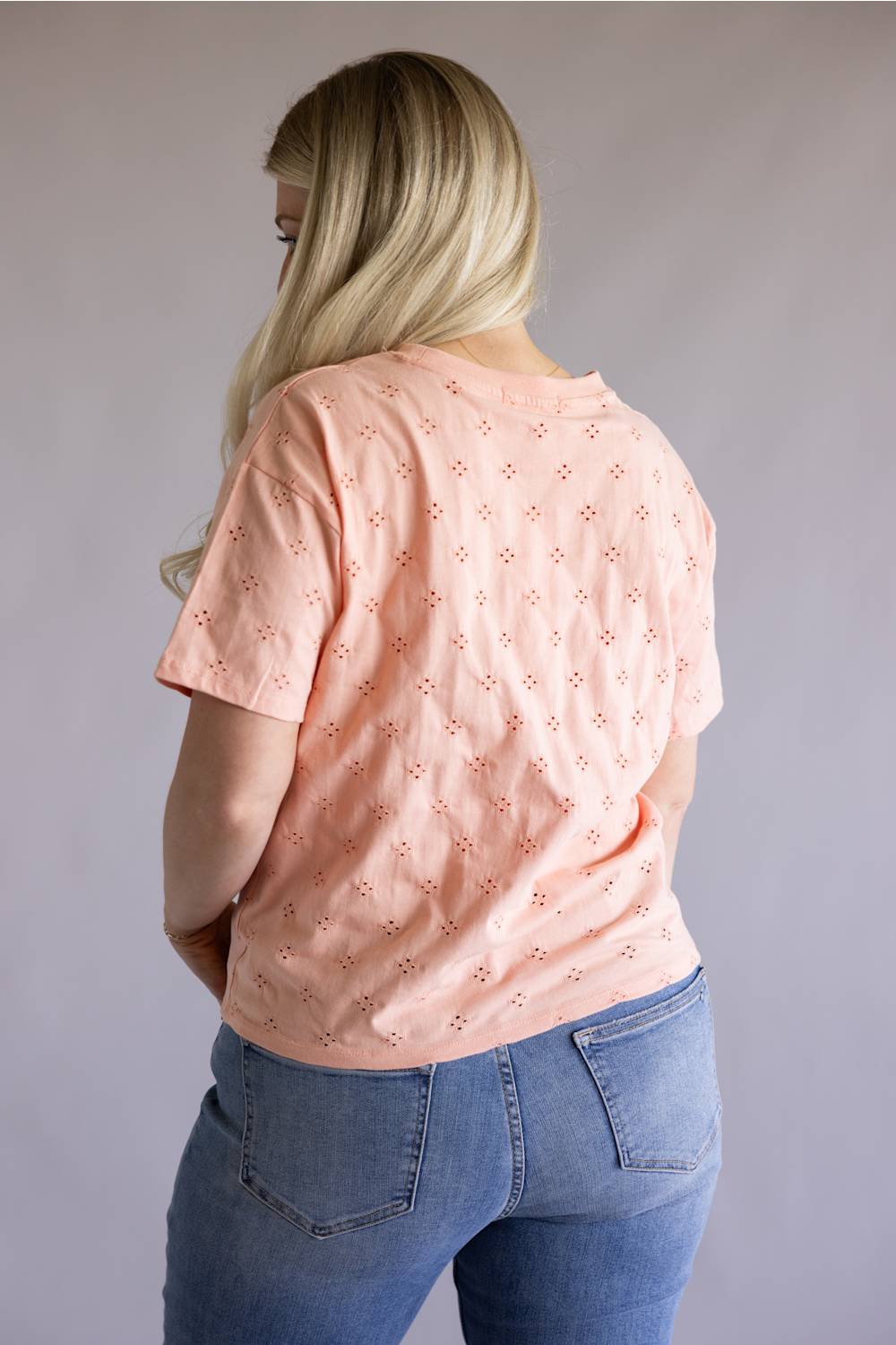 C&C California Toni Eyelet Boxy Crew Tee for Women in Coral Pink