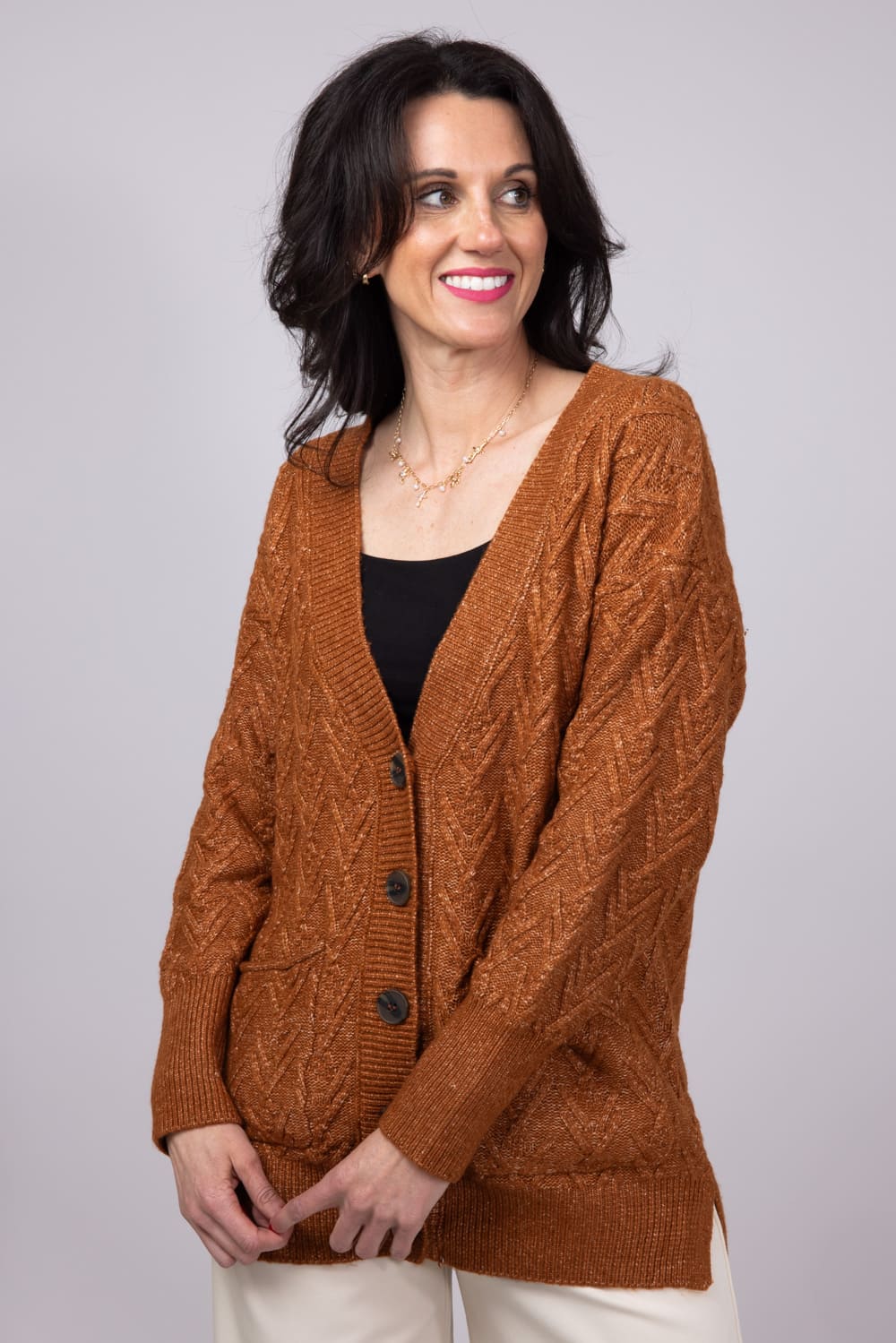 Cable Knit Button Front Cardigan for Women in Cinnamon Stick