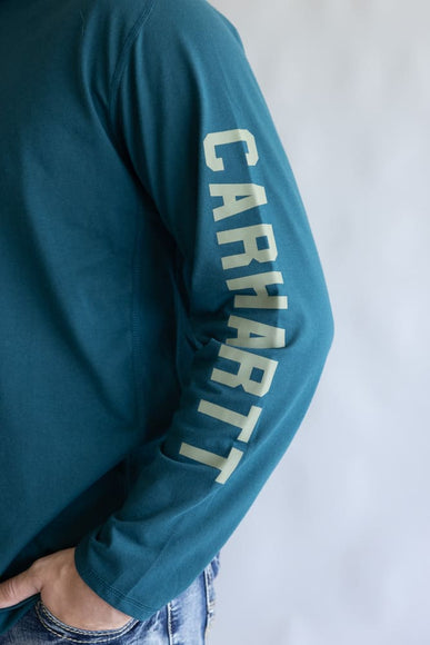 Carhartt Force Relaxed Fit Midweight Long Sleeve Logo Hooded T-Shirt for Men in Greenstone | 106654-GM1