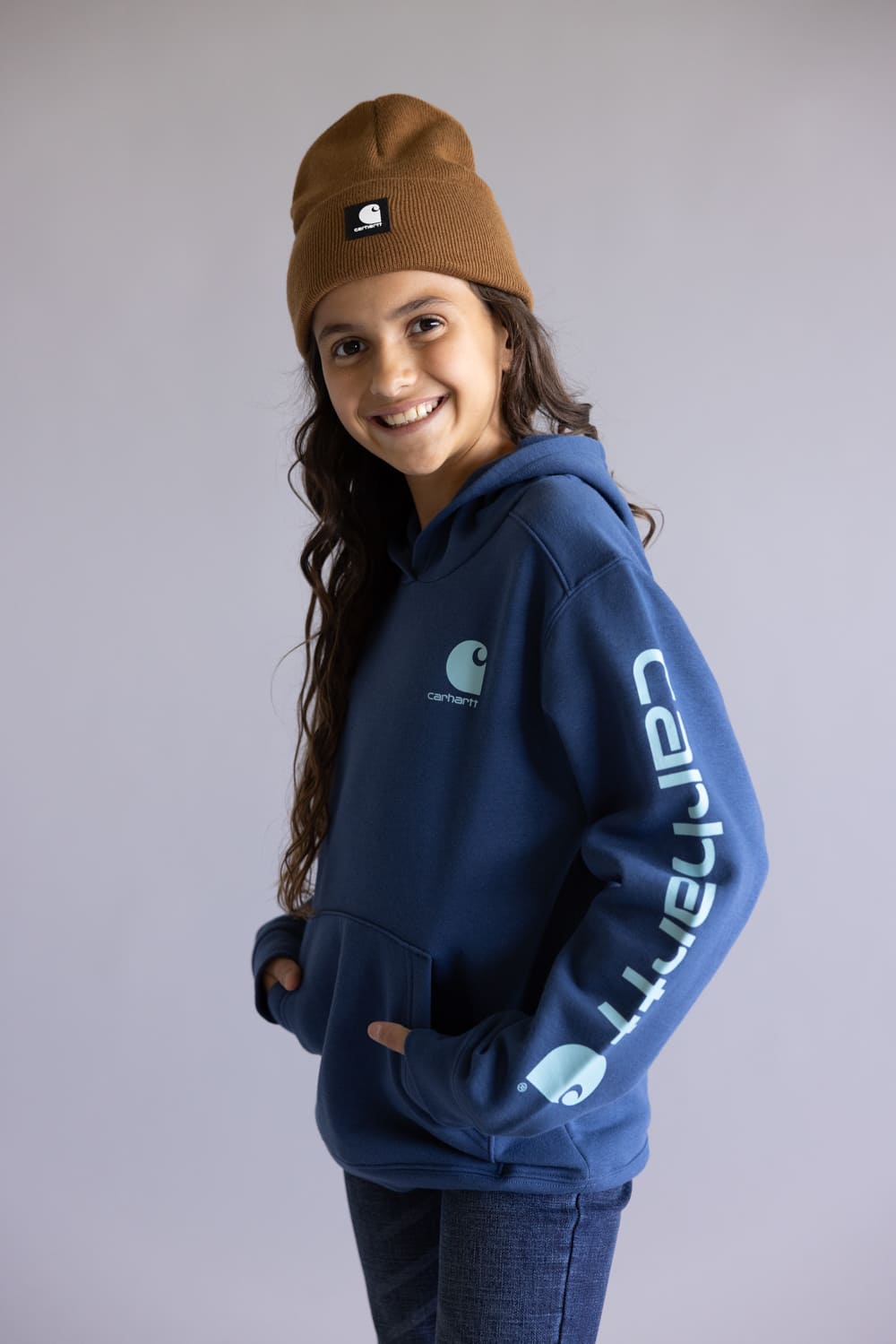 Carhartt Youth Classic Pullover Hoodie for Girls in Dark Denim Blue