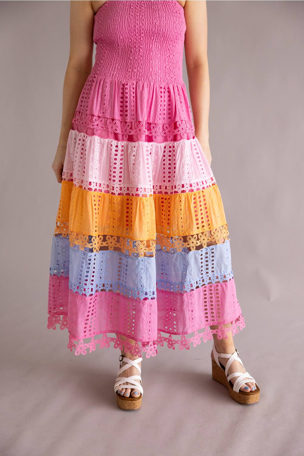 Color Block Eyelet Lace Strapless Midi Dress for Women in Pink/Multi