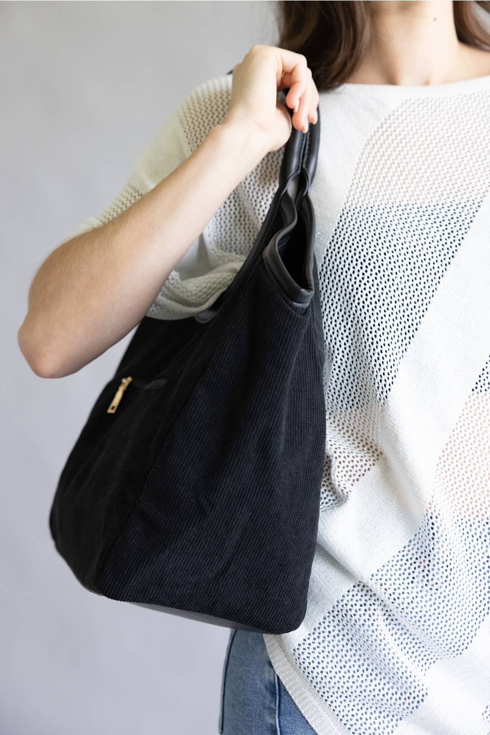 Corduroy Hobo Bag for Women in Black
