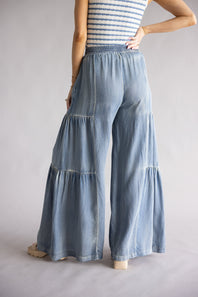 Side Ruffle Washed Wide Leg Pants for Women in Denim