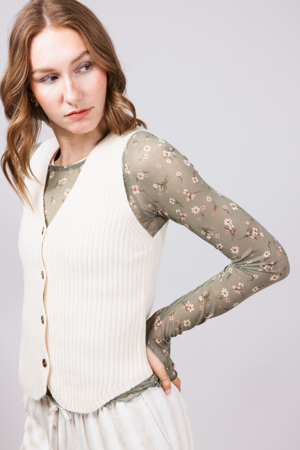 Ditsy Floral Sheer Layering Top for Women in Olive | 36107-OLIVE