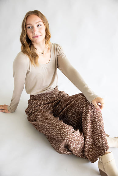 Ditsy Floral Smocked Waist Wide Leg Pants for Women in Chocolate Floral