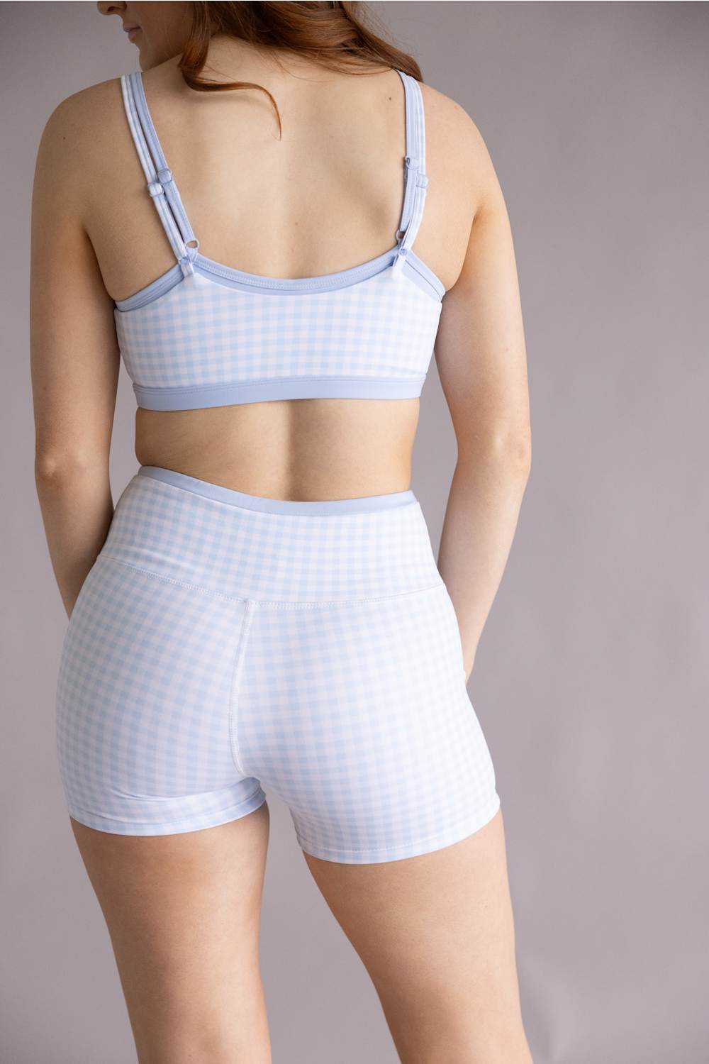 Double Layer Gingham Biker Shorts for Women in Light Blue