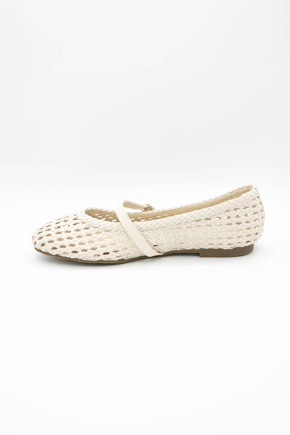 A single cream-colored woven mesh Mary Jane flat shoe with a small gold buckle, shown on a light gray studio background.