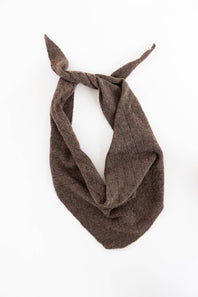 A dark brown textured knit scarf or neck warmer, knotted at the top, displayed on a clean white background.
