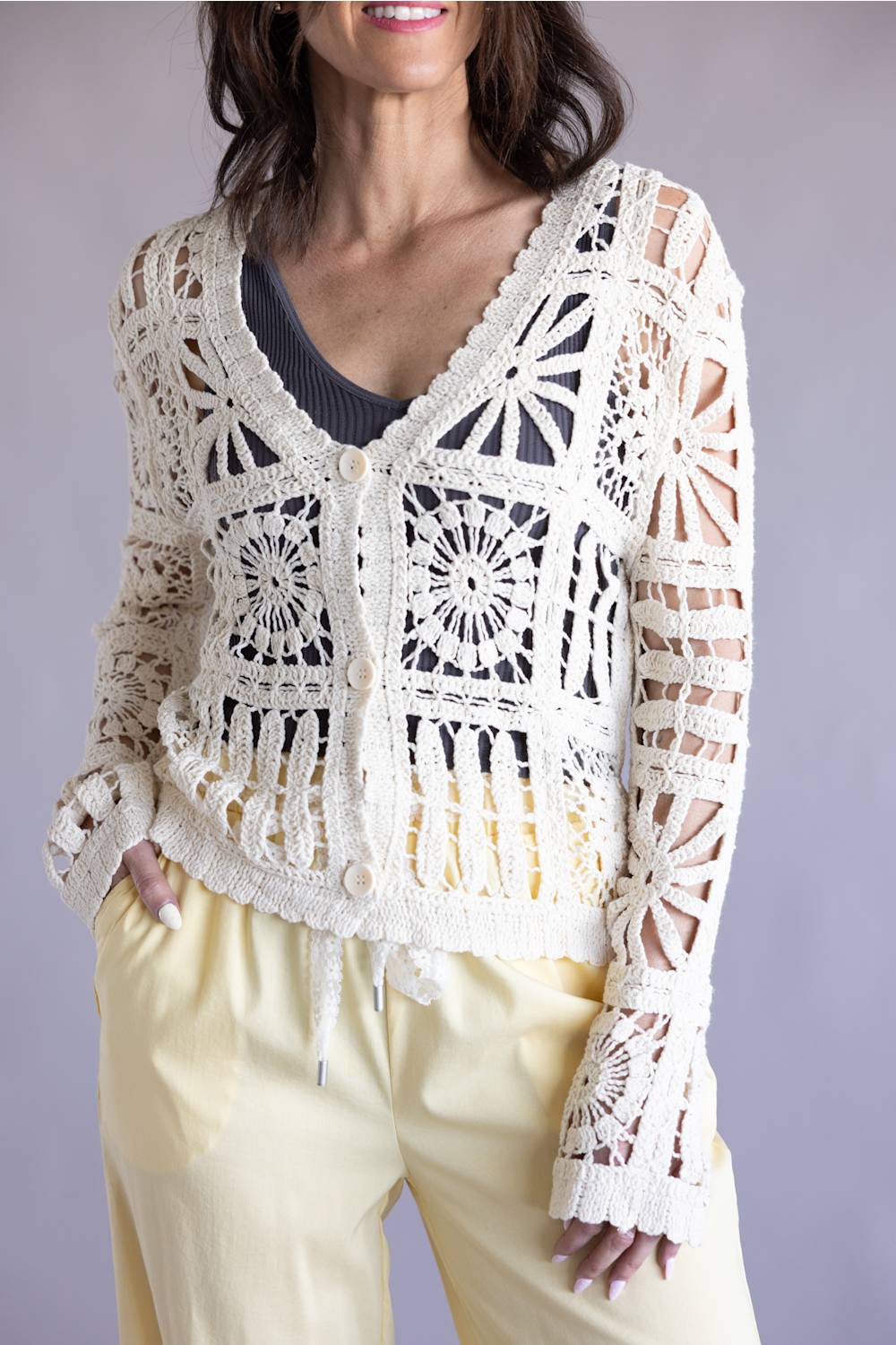 Elan Crochet Cardigan for Women in Off White